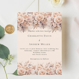 Cream peach roses florals elegant luxury wedding invitation