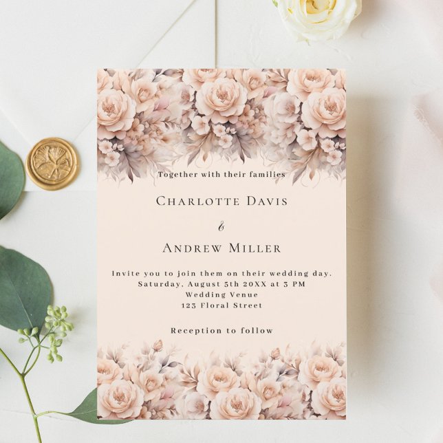 Cream peach roses florals elegant luxury wedding invitation (Creator Uploaded)