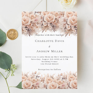 Cream peach roses florals white elegant wedding invitation