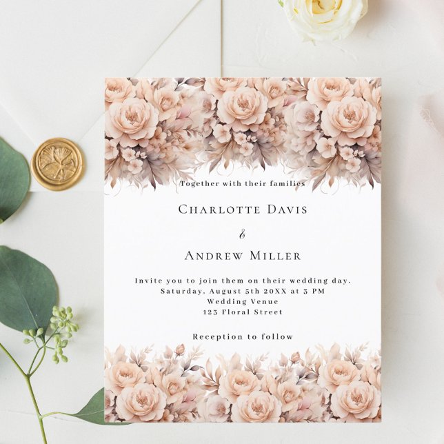 Cream peach roses florals white wedding invitation (Creator Uploaded)