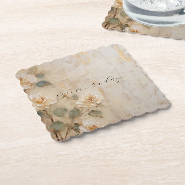 Cream Peach Roses Wedding Paper Coaster (Angled)
