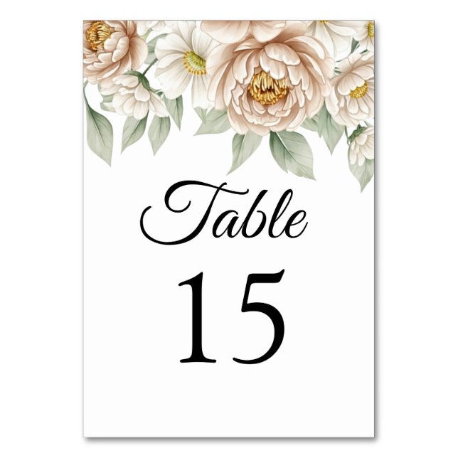 Cream Peony Floral Wedding Table Number Card (Front)