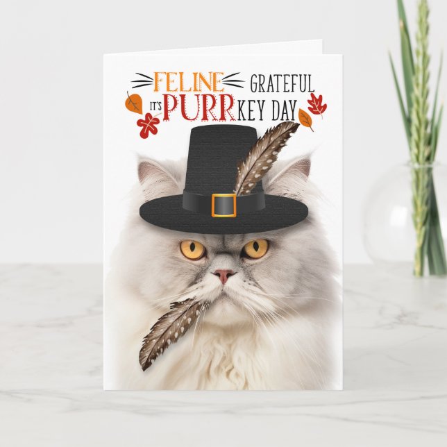 Cream Persian Cat Grateful for PURRkey Day Holiday Card (Front)