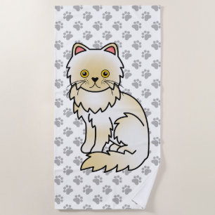 Cream Persian Cute Cartoon Cat & Paws Beach Towel