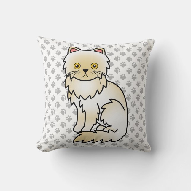 Cream Persian Cute Cartoon Cat & Paws Cushion (Front)