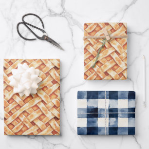 Cream Pie Crust Blue Plaid Stripes Birthday Wrapping Paper Sheet