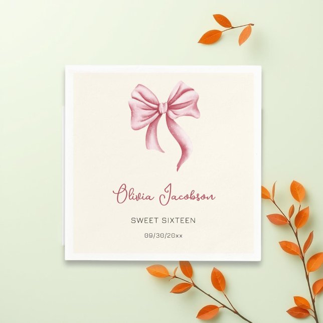 Cream Pink Bow Girl Sweet 16 Birthday Party Napkin (Creator Uploaded)