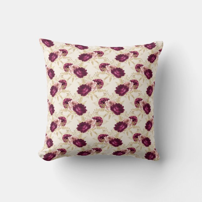Cream Pink Burgundy Floral    Cushion (Front)