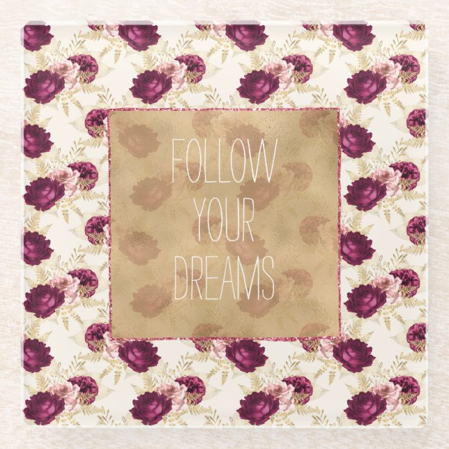 Cream Pink Burgundy Floral Quote        Glass Coaster (Front)