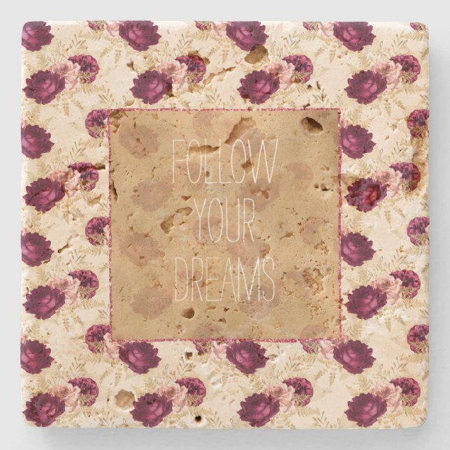 Cream Pink Burgundy Floral Quote        Stone Coaster (Front)