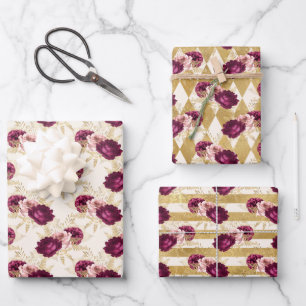 Cream Pink Burgundy Floral      Wrapping Paper Sheet