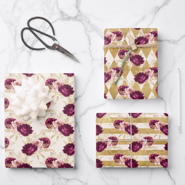 Cream Pink Burgundy Floral      Wrapping Paper Sheet (Front)