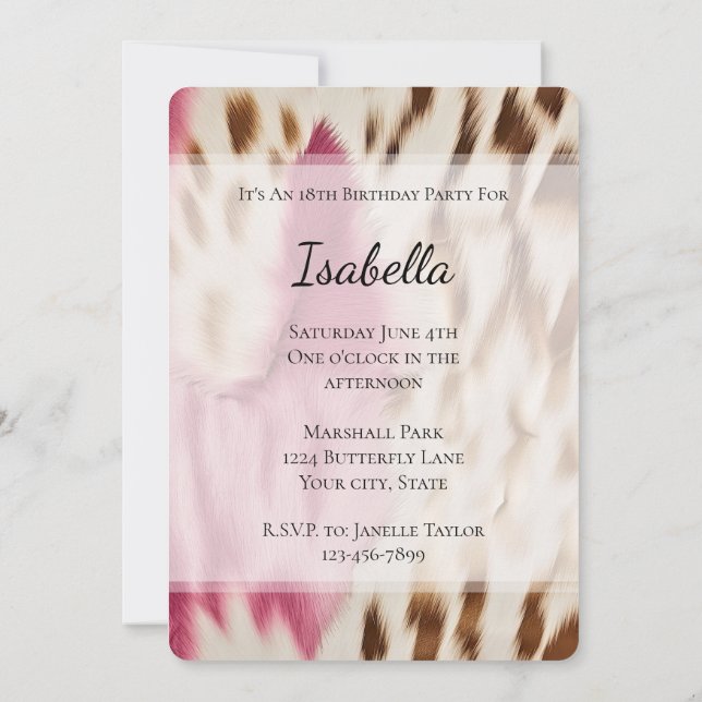 Cream Pink Cowgirl Cowhide Birthday Invitation (Back)