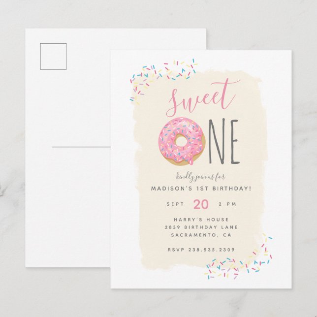 Cream | Pink Doughnut Sprinkle Sweet 1st Birthday Invitation Postcard (Front/Back)