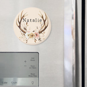 Cream Pink Floral Deer Antlers Personalised Magnet