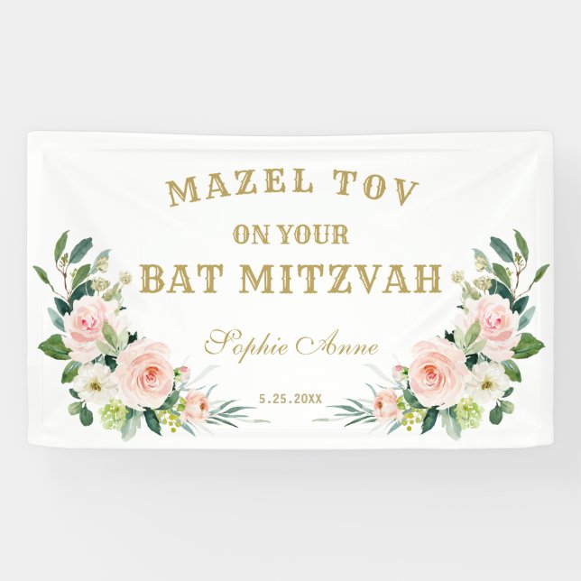Cream Pink Flowers Bat Mitzvah Welcome Sign (Horizontal)