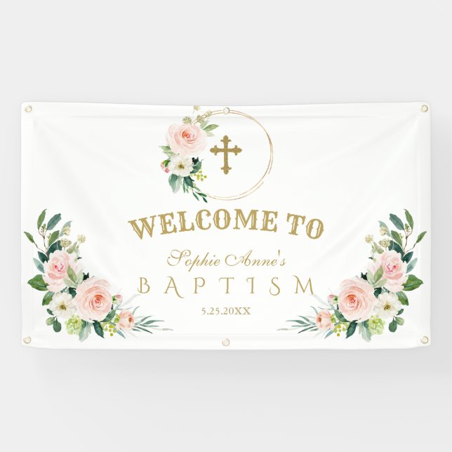 Cream Pink Flowers Gold Baptism Welcome Sign (Horizontal)