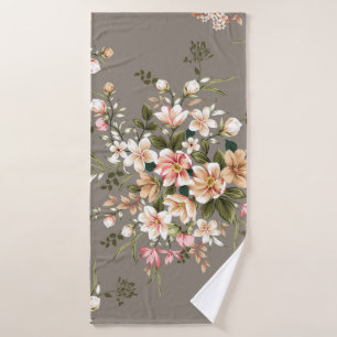 Cream, pink flowers on grey. bath towel