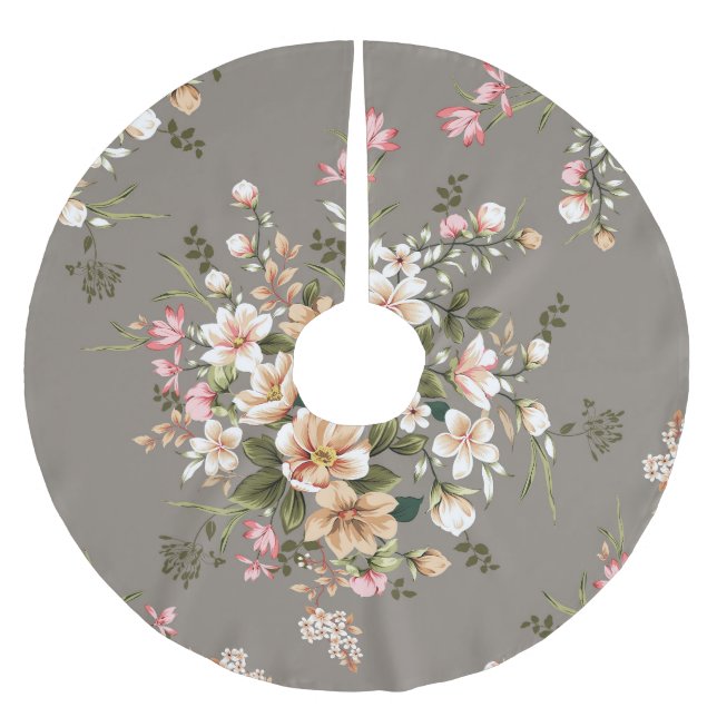 Cream, pink flowers on grey. brushed polyester tree skirt (Front)