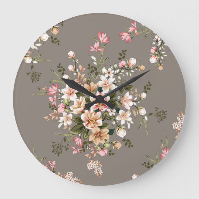 Cream, pink flowers on grey. large clock (Front)