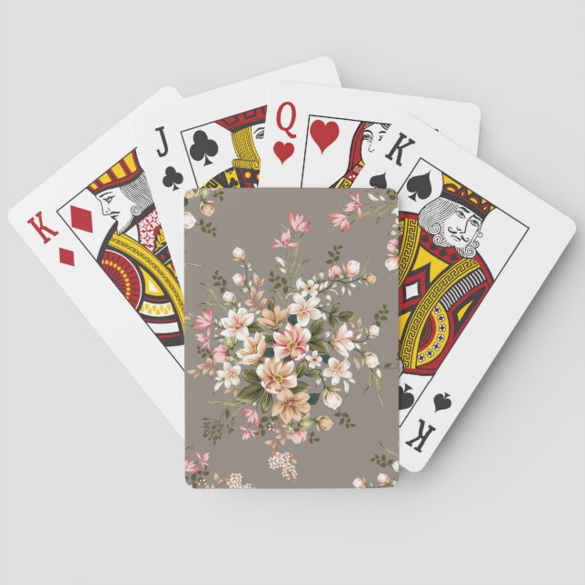 Cream, pink flowers on grey. playing cards (Back)