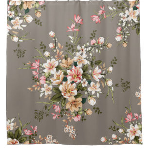 Cream, pink flowers on grey. shower curtain