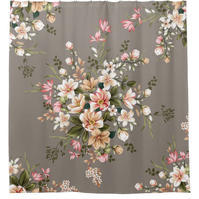 Cream, pink flowers on grey. shower curtain (Front)
