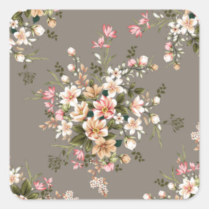 Cream, pink flowers on grey. square sticker