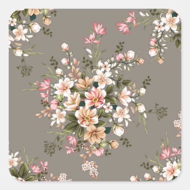 Cream, pink flowers on grey. square sticker (Front)