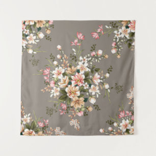 Cream, pink flowers on grey. tapestry