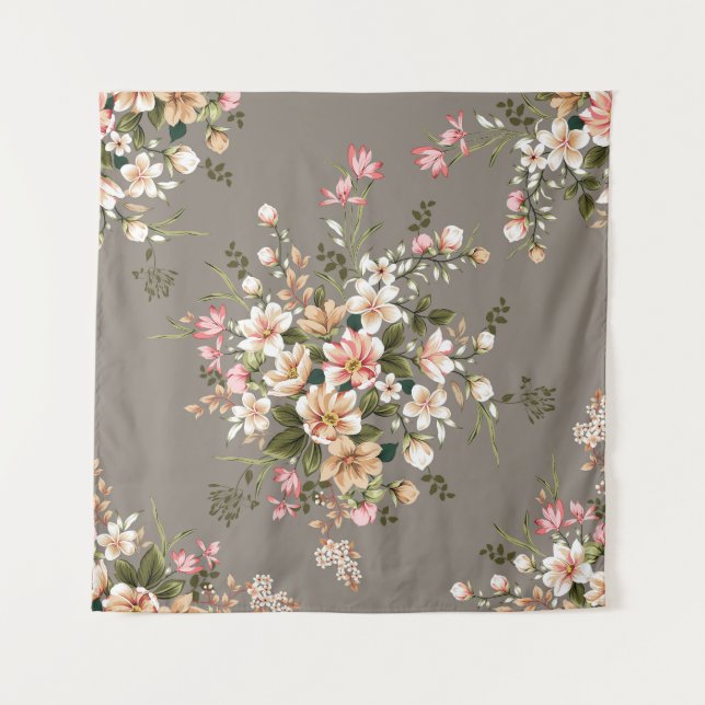 Cream, pink flowers on grey. tapestry (Front)