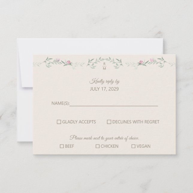 Cream Pink Foliage Monogram RSVP Response Card (Front)