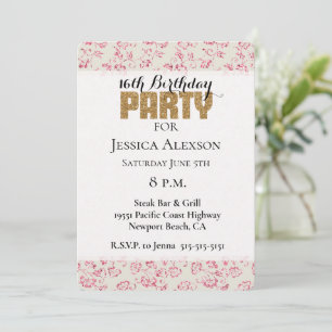 Cream Pink Glitter Floral Gold Glitter Party Invitation