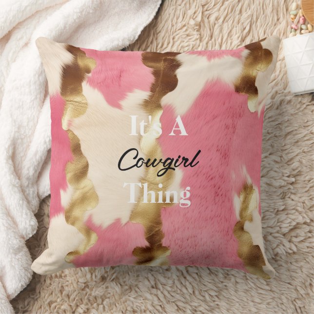 Cream Pink Gold Cowgirl Cowhide Quote   Cushion (Blanket)