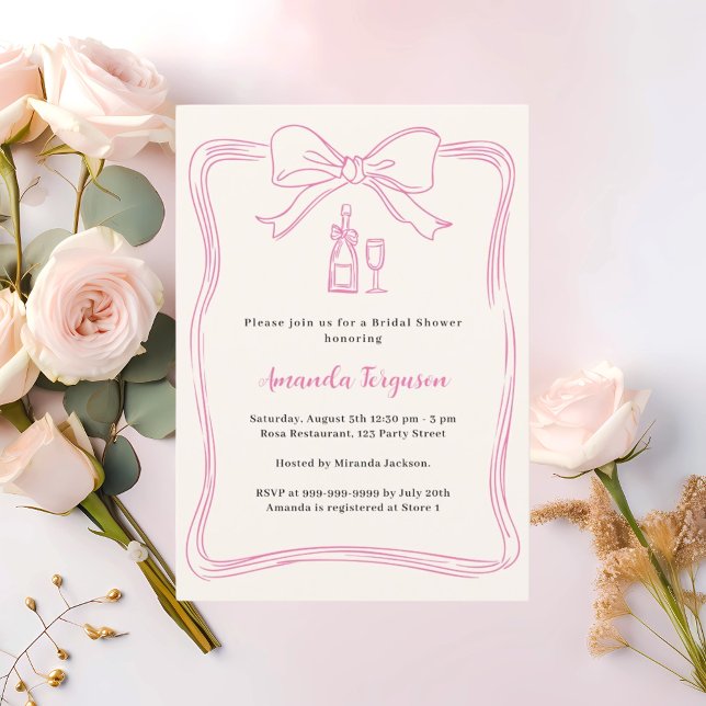 Cream pink hand drawn bow prosecco Bridal Shower Invitation (Creator Uploaded)