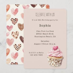 Cream Pink Heart Cupcake Leopard Birthday Invitation