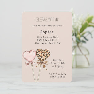 Cream Pink Leopard Hearts Birthday Invitation