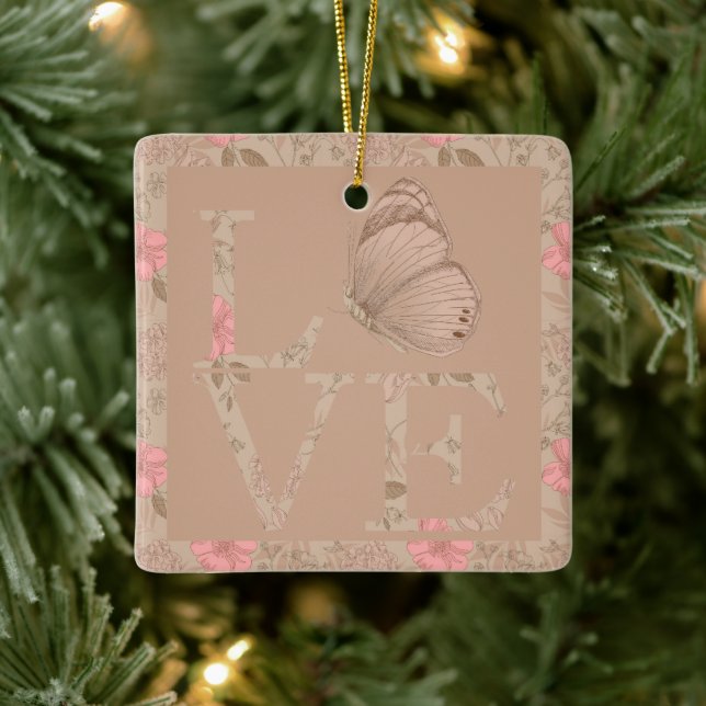 Cream Pink Love Butterfly Floral Ceramic Ornament (Tree)