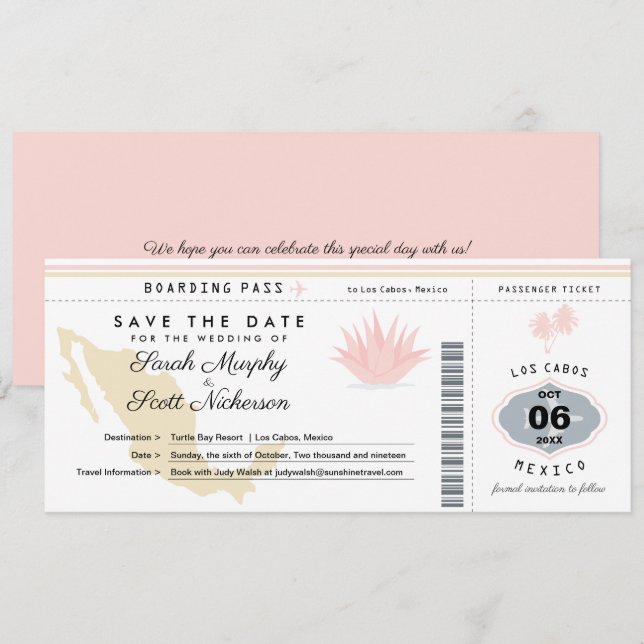 Cream Pink Mexico Save the Date Boarding Pass (Front/Back)
