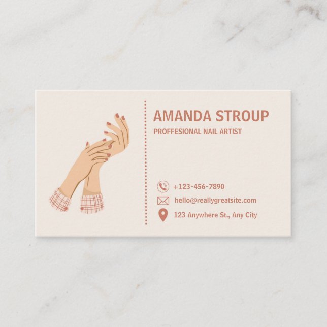 Cream Pink Modern Nail Artist  Business Card (Front)