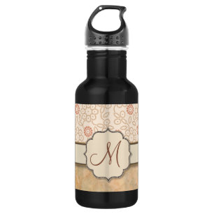 Cream Pink Retro Polkadot Flowers with Monogram 532 Ml Water Bottle