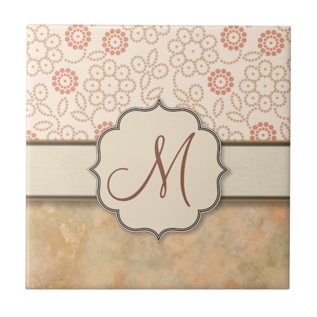Cream Pink Retro Polkadot Flowers with Monogram Tile (Front)