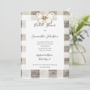 Cream Plaid Stripes Butterfly Bridal Shower Invitation