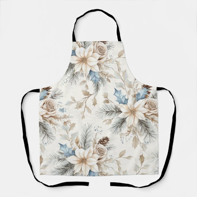 Cream Poinsettia Blue Floral Christmas Apron (Front)