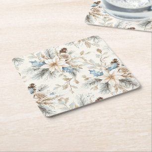 Cream Poinsettia Blue Floral Christmas Square Paper Coaster