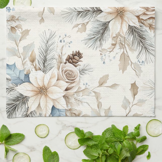 Cream Poinsettia Blue Floral Christmas Tea Towel (Folded)