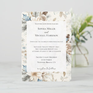 Cream Poinsettia Blue Floral Wedding Invitation