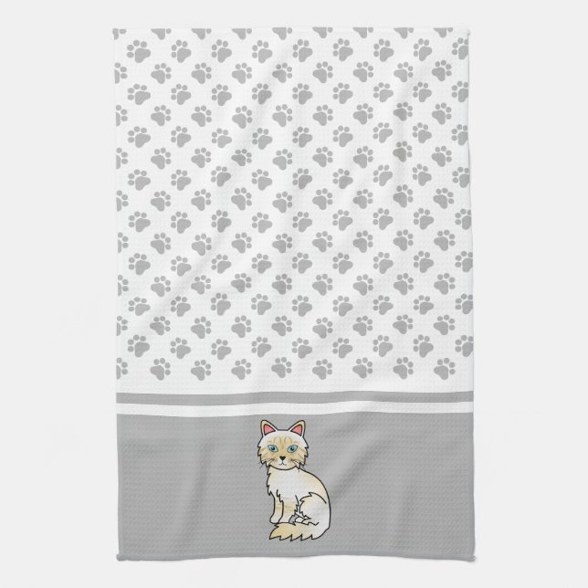 Cream Point Tabby Birman / Ragdoll Cute Cat & Paws Tea Towel (Vertical)