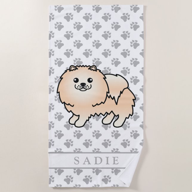 Cream Pomeranian Cute Cartoon Dog & Name Beach Towel (Front)