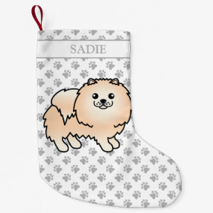 Cream Pomeranian Cute Cartoon Dog & Name Small Christmas Stocking